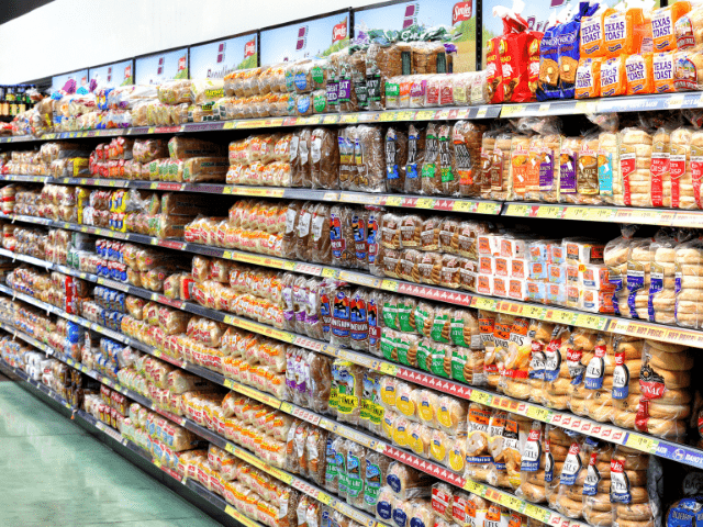 The Bread and Bagel Aisle at a Grocery Store